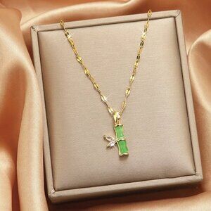 Cubic Zirconia Lucky Bamboo Pendant Gold Plated Necklace NEW